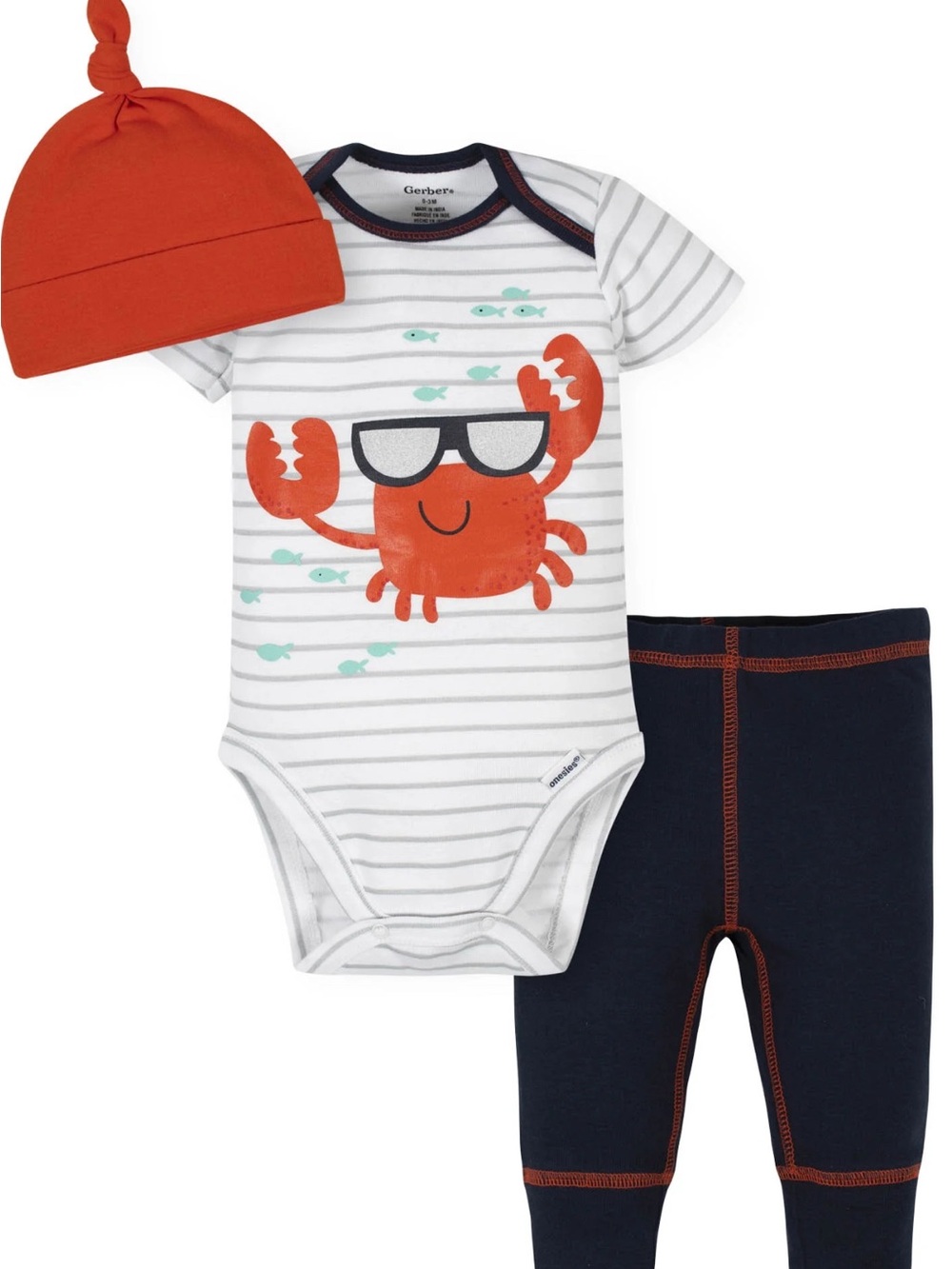 Gerber Orange/Red Crab Stripe Bodysuit Set with Navy Pants and Orange Hat